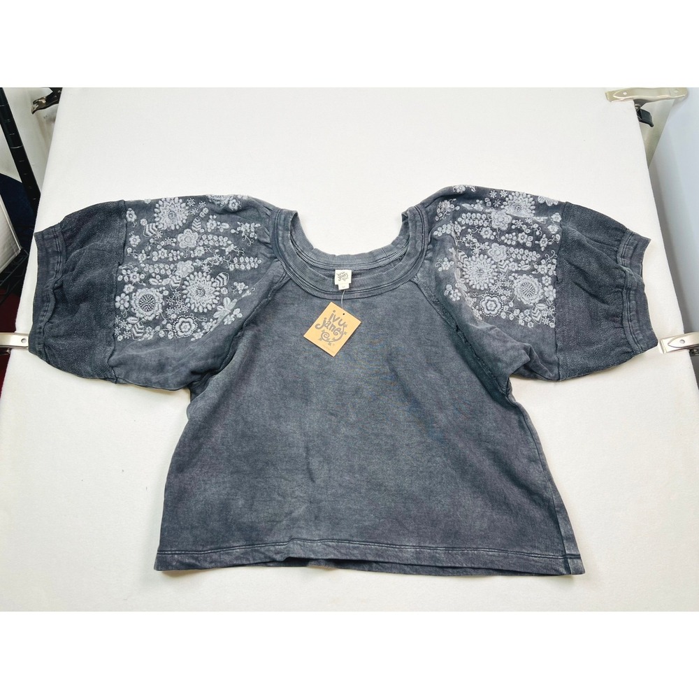 Ivy Jane Womens Gray Mineral Wash Floral Embroidered Puff Sleeve Sweatshirt M